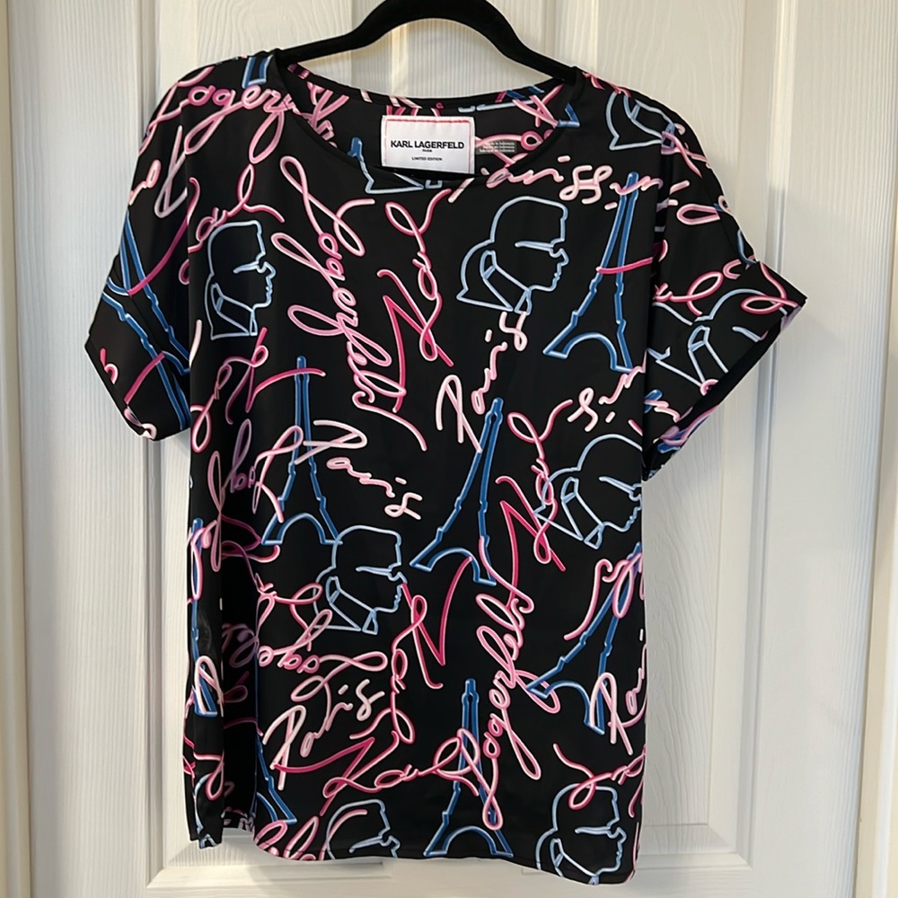 Karl Lagerfeld Black Short Sleeve Graphic Script Tee - Pink & Blue Print